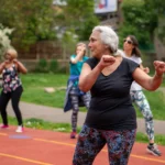 Photographie montrant une dame âgée en train de faire du sport en extérieur, en groupe